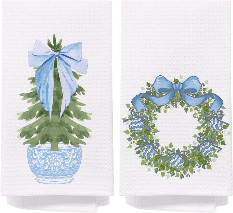 SPBL&L Chinoiserie Christmas Kitchen Towels, Blue Bow Coquette Christmas Tree Dish Towels for Kitchen Bathroom,Light Blue Christmas Hand Towels for Bathroom, Grandmillennial Decor,16x24 Inches Set of 2 - Image 1